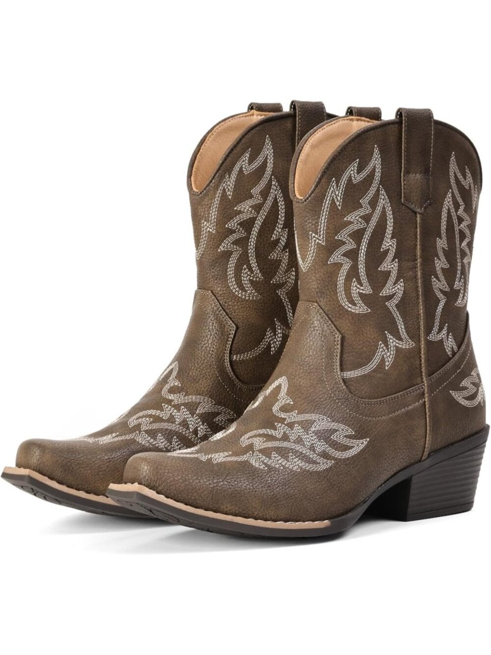 Women's Taupe Ankle Cowgirl Boots Mid Calf Snip Toe Chunky Heel Short Booties - Picture 1 of 5